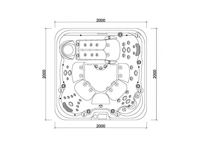 Plug and Play 3 200x200 см. – технически чертеж на градинско джакузи от KERANOVA, схема с размери и седалки