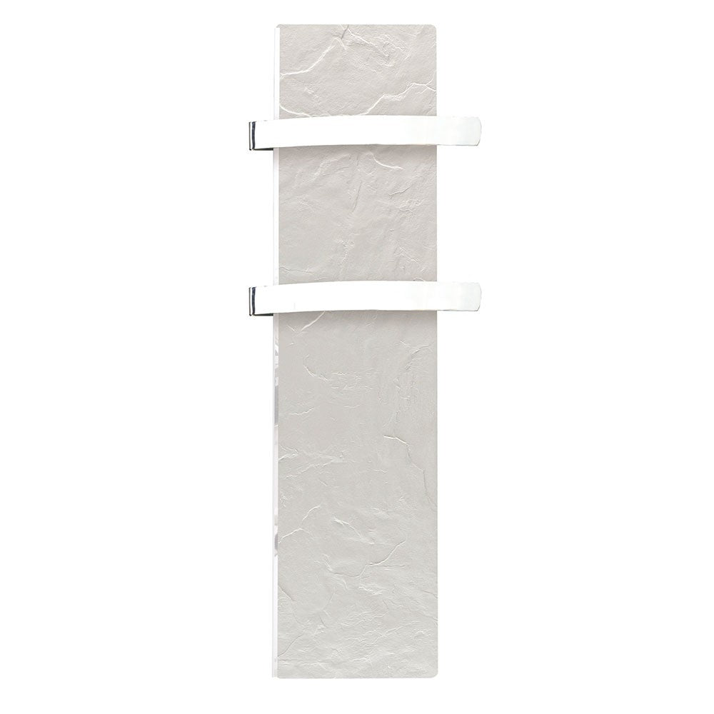 Електрически отоплител за баня с акумулираща функция CLIMASTAR Slim 500 W, бял релеф с неръждаеми поставки за кърпи – KERANOVA онлайн магазин