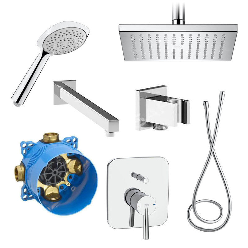 Вграден комплект Roca Pals с RocaBox – хромирани душ глава, ръчен слушалка, шлаух, държач и вграден смесител за баня KERANOVA