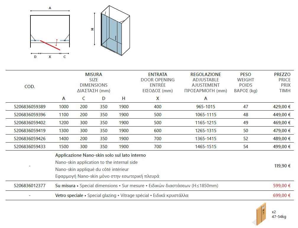 Panex 600 - 126.5-131.5 см. - отваряема врата стъклен параван 190 см, 6 мм закалено, хромиран профил, монтаж 126,5-131,5 см - KERANOVA