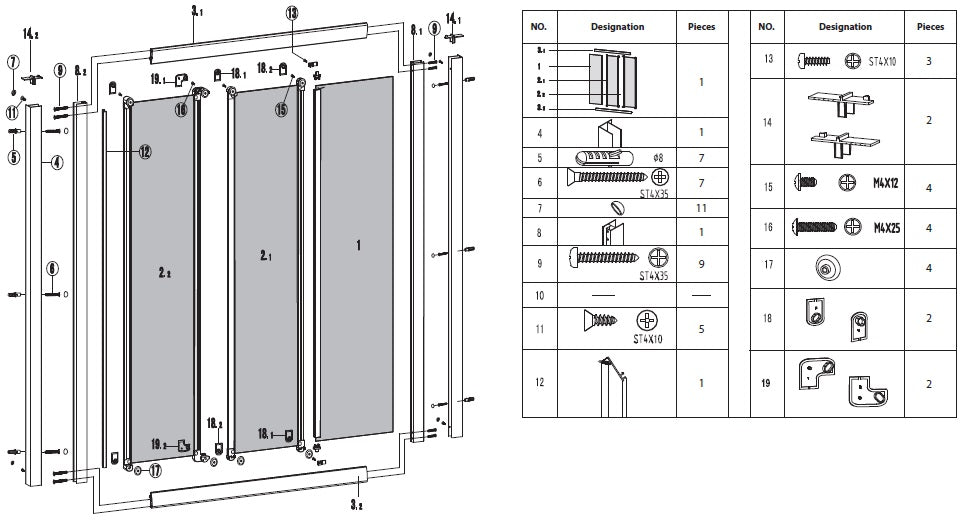 Penta 300 - 130-140 см. Схема монтаж на стъклен параван за баня с две плъзгащи и една статична част, профил хром/алуминий, 4 мм закалено стъкло