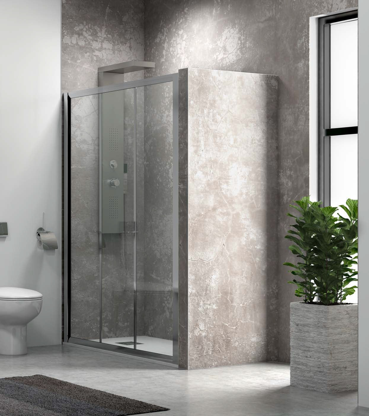 Penta 300 - 130-140 см. стъклен параван за баня с две плъзгащи и една статична част, хромиран алуминиев профил - KERANOVA