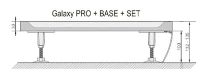 Вид на Душ корито Galaxy PRO + BASE + SET с размери и монтажни детайли.