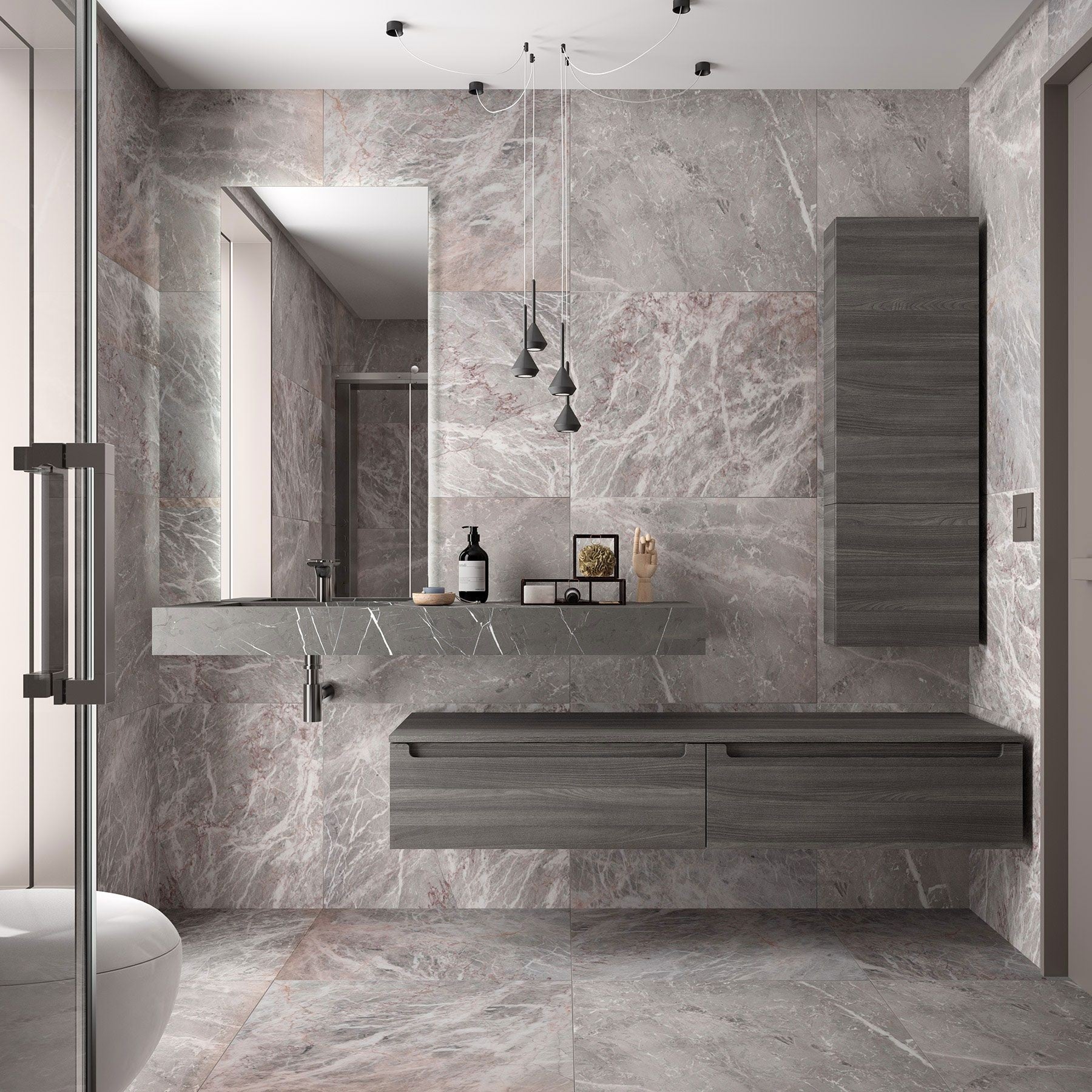 Плот Compakt с излято корито в 5 различни декора - модерна баня с плаващ плот и сиви HPL шкафове от KERANOVA