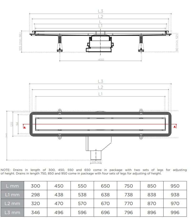 Premium Line Classic - 30, 45, 55, 65, 75 и 85 см. - Pestan дизайнерски линеен сифон 2в1 чертеж с размери и таблица за L1 L2 L3 KERANOVA