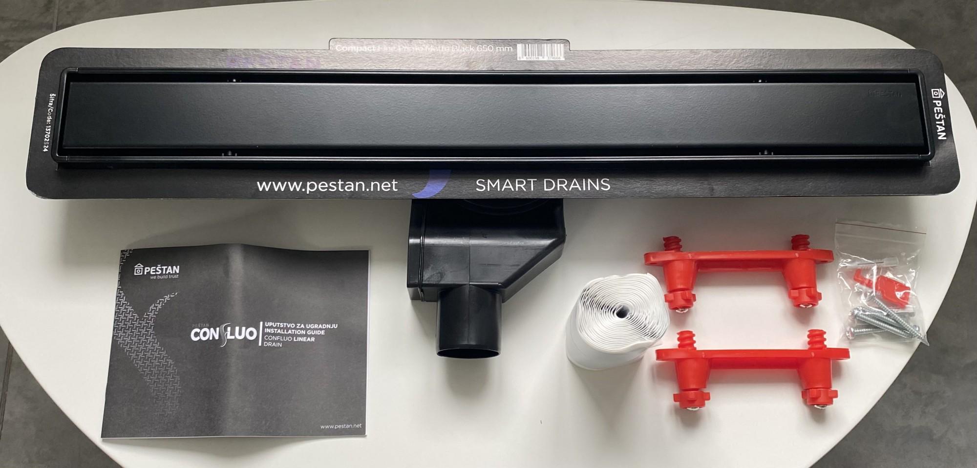 Confluo Primo Compact Line - черен мат - Pestan линеен сифон 2в1 за баня, неръждаема решетка, онлайн магазин KERANOVA