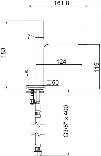 Смесител за мивка QB - Aquagrif хром, стоящ дизайн, технически размери 183x161.8x119 мм, G3/8" връзка, онлайн магазин KERANOVA