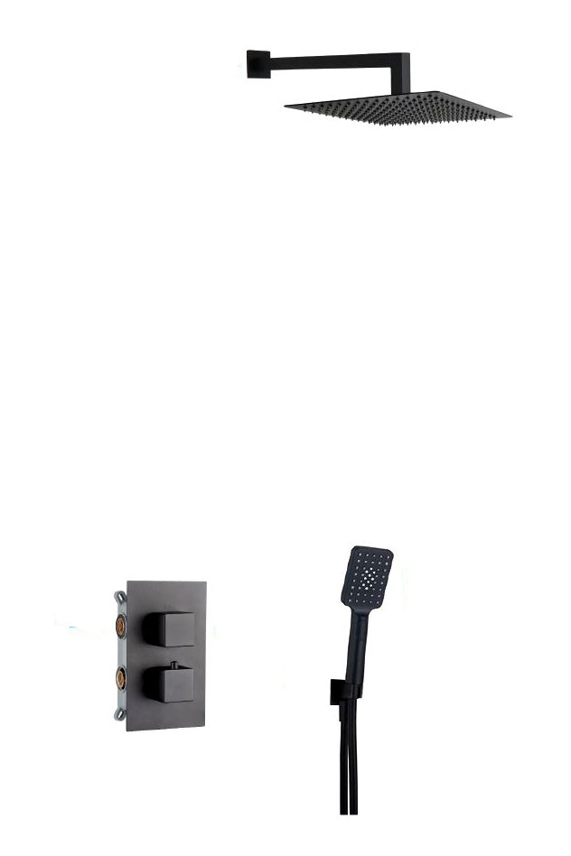 Вградена душ система с термостат QUTEC Matt Black - Aquagrif, черен матов дъждовен душ 25x25 см, ръчен душ и термостатичен смесител