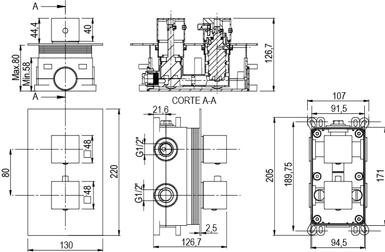 Вградена душ система с термостат Alpha Therm Satin Nickel - Aquagrif технически чертеж и размери за онлайн магазин KERANOVA