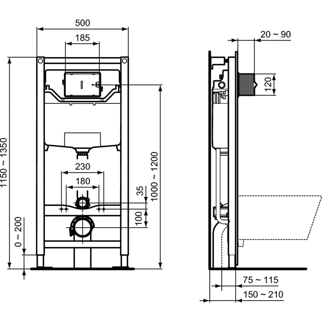 Структура ProSys 120 P с активатор - Ideal Standard монтажна схема и размери за конзолна тоалетна, онлайн магазин KERANOVA