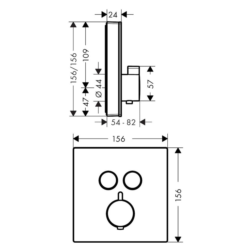 Hansgrohe Rainmaker Select Exclusive термостатен панел Showerselect Glass диаграма размери 156x156 мм за KERANOVA онлайн магазин