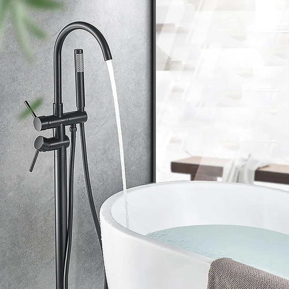 Свободностоящ смесител за вана REA Lungo Ortis Black – мат черен подов смесител с ръчен душ и 150 см шлаух за модерен банен интериор