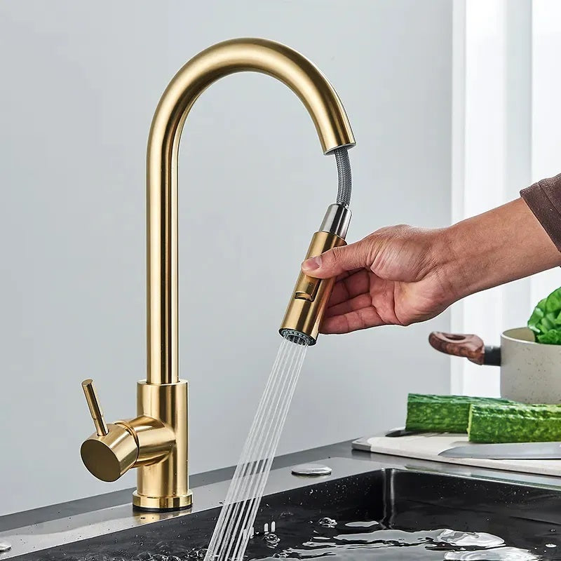 Кухненски смесител Fresh Gold с изтеглящ накрайник, златно PVD покритие – онлайн магазин за обзавеждане за бани KERANOVA