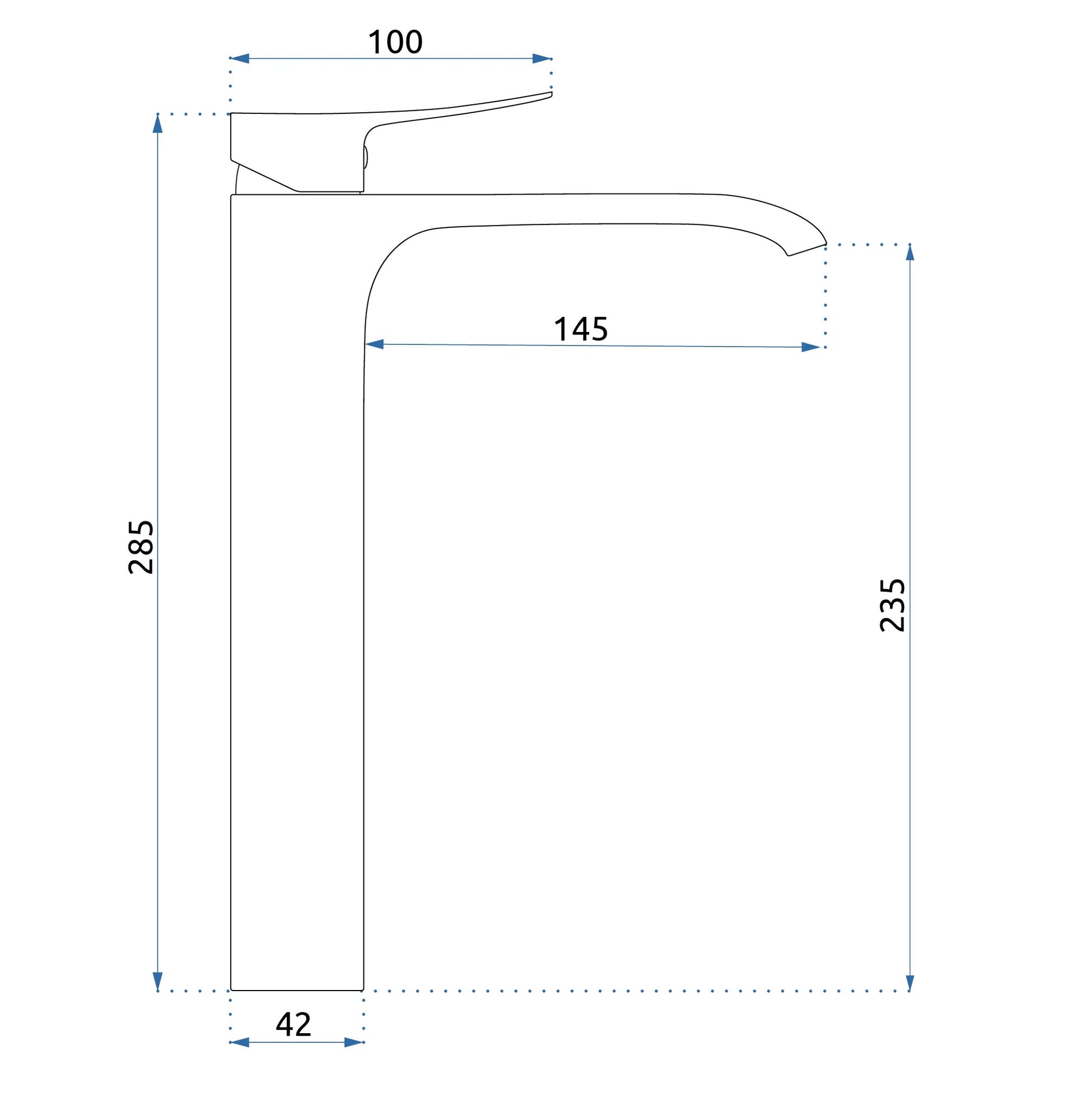 Смесител за мивка Dart Black High - черен мат, високо тяло, чучур 14,5 см, без изпразнител, диаграма с размери
