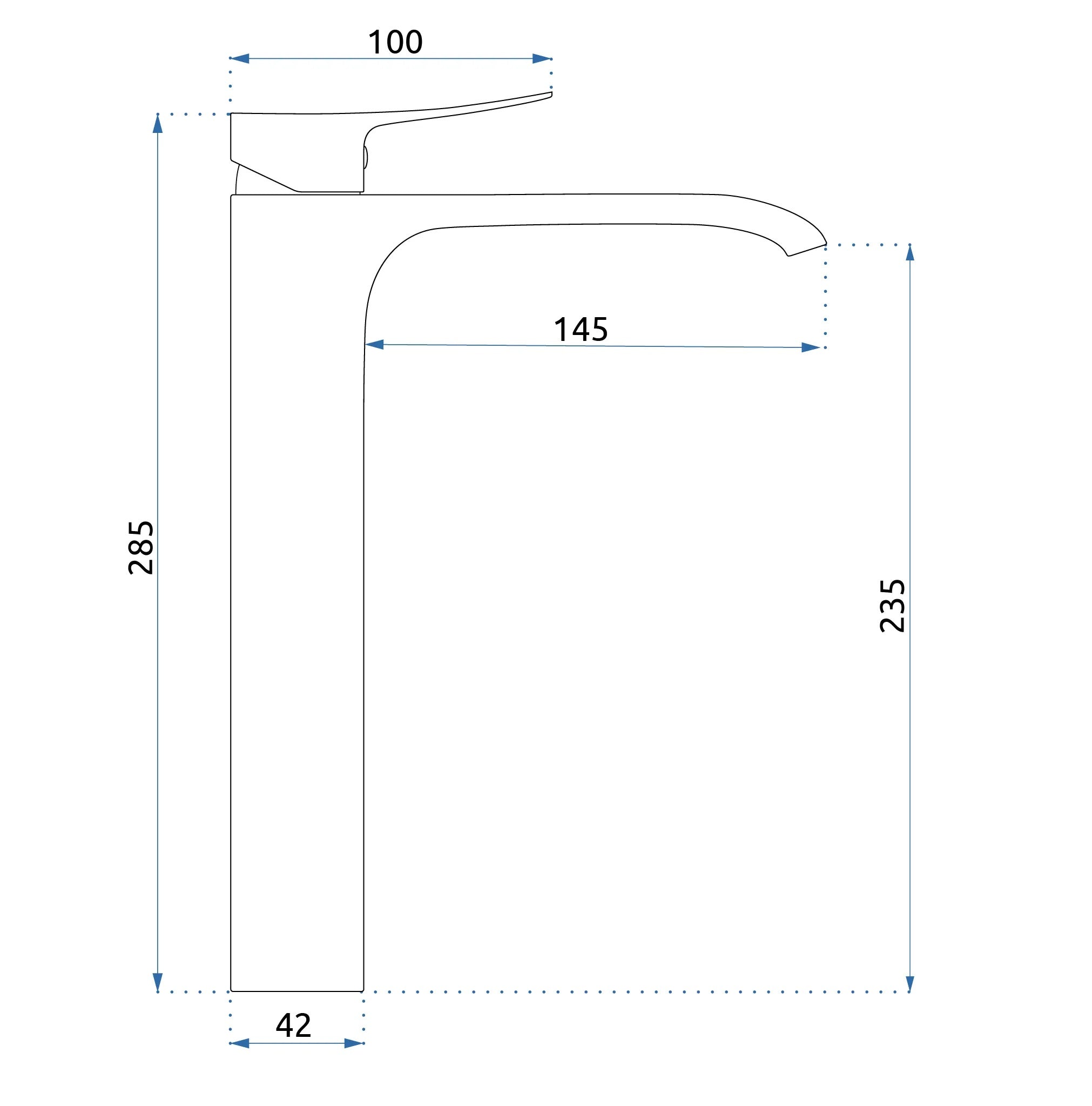 Смесител за мивка Dart Black High - черен мат, високо тяло, чучур 14,5 см, без изпразнител, диаграма с размери