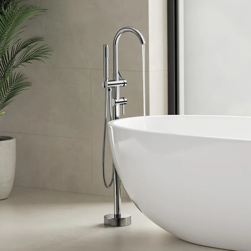 Свободностоящ смесител за вана REA Lungo Ortis Chrome в модерен баня комплект с ръчен душ и хромирано покритие - KERANOVA онлайн магазин