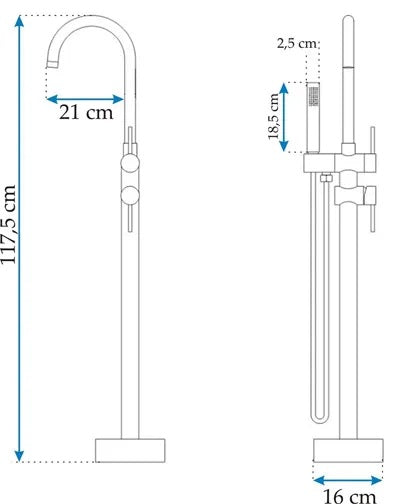 Свободностоящ смесител за вана REA Lungo Ortis Chrome – технически чертеж с размери 117.5 см височина, разстояние 21 см и основа 16 см