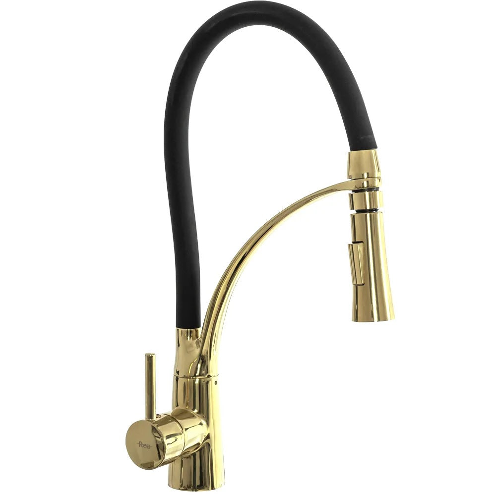 Кухненски смесител Gaspar Black Gold High - черен гъвкав чучур и златно PVD покритие, едноръкохватков смесител за кухня от KERANOVA