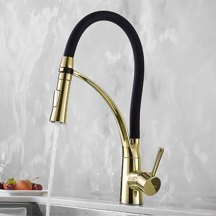 Кухненски смесител Gaspar Black Gold High – лъскав златен PVD с черен гъвкав чучур, едноръкохватков, двуфункционален накрайник (KERANOVA)