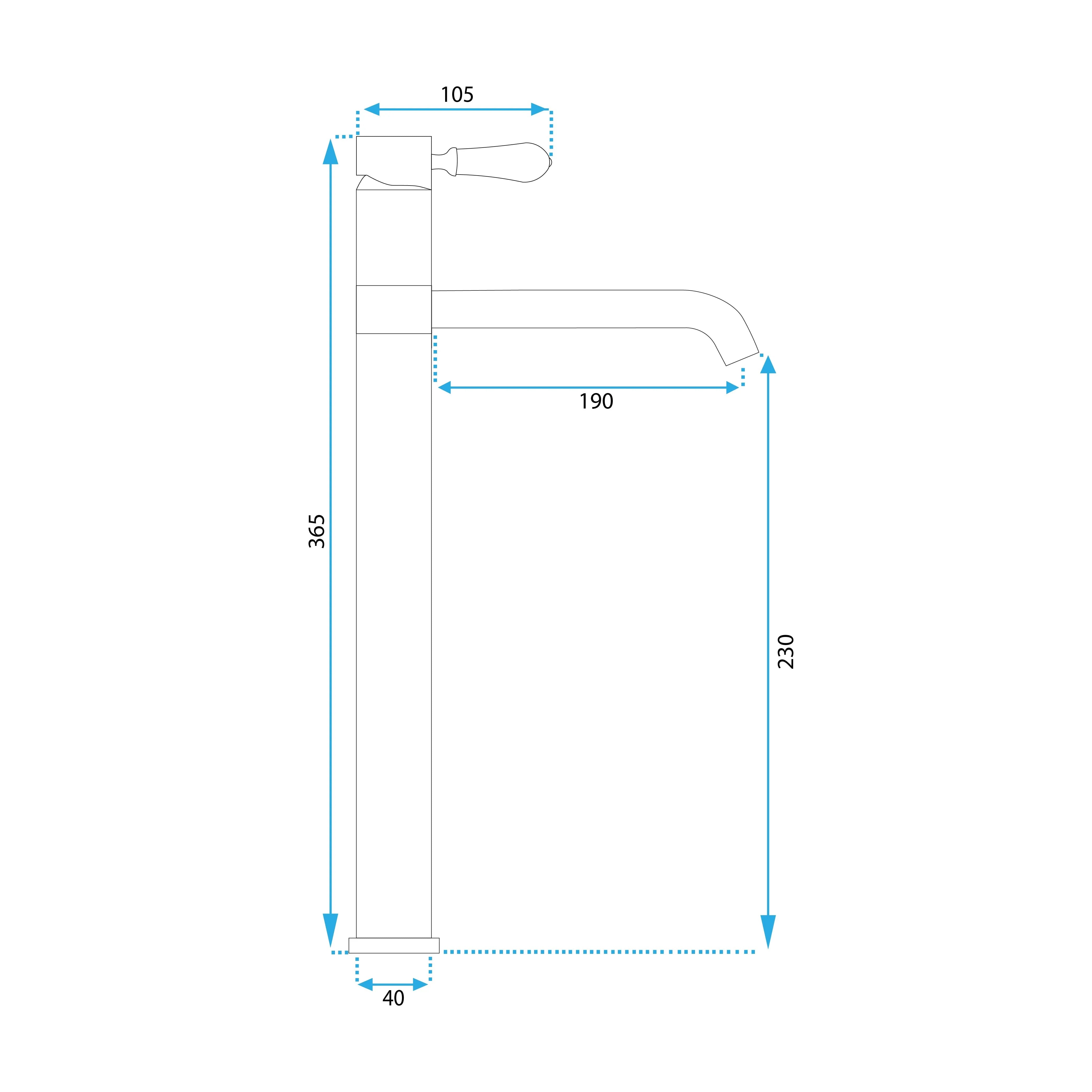 Висок смесител Serra Black High - REA, технически размери (височина 365 мм, дължина чучур 190 мм) за онлайн магазин KERANOVA