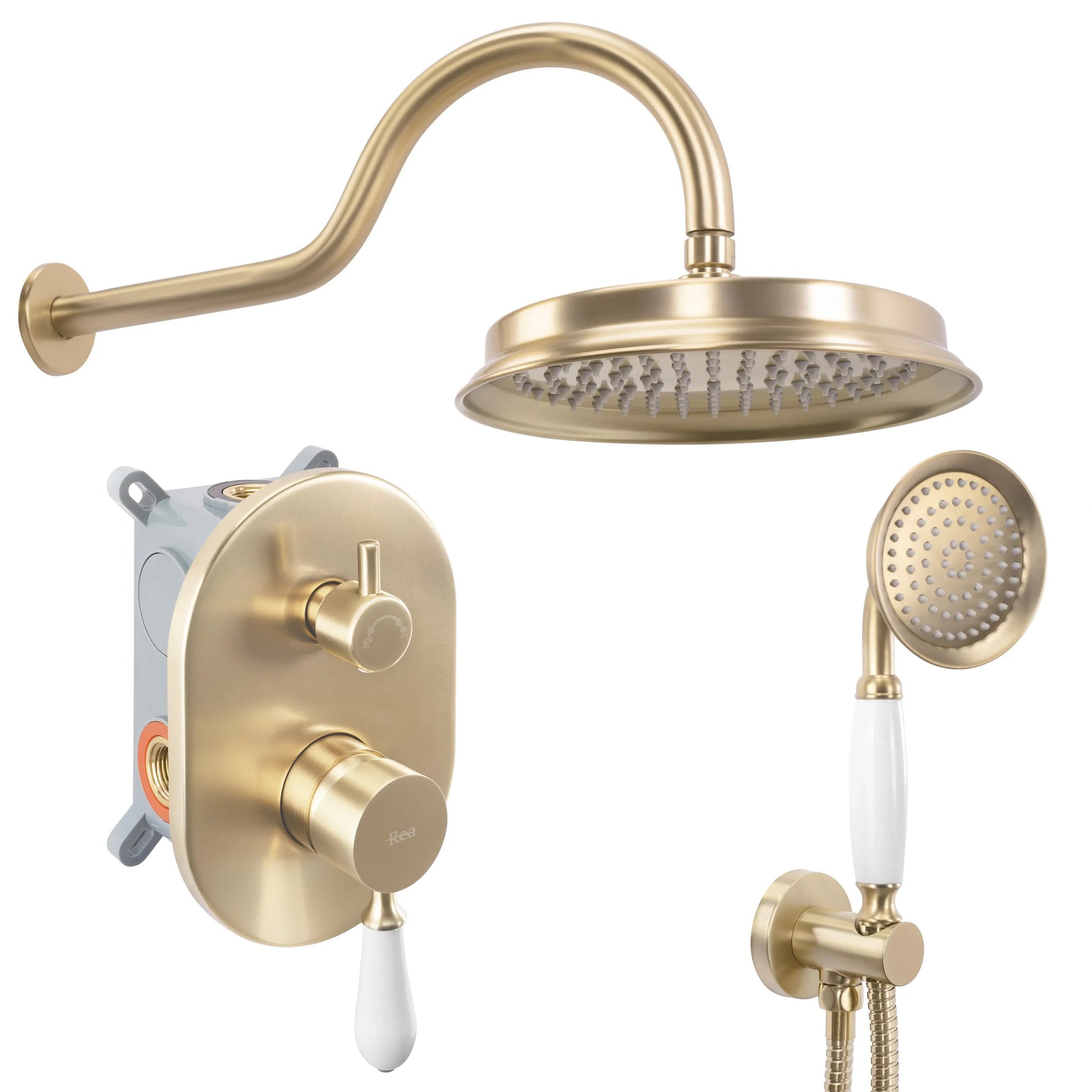 Вградена душ система Serra Brush Gold Box - REA златен мат PVD, душ пита, ръчен душ, EasyBox за KERANOVA