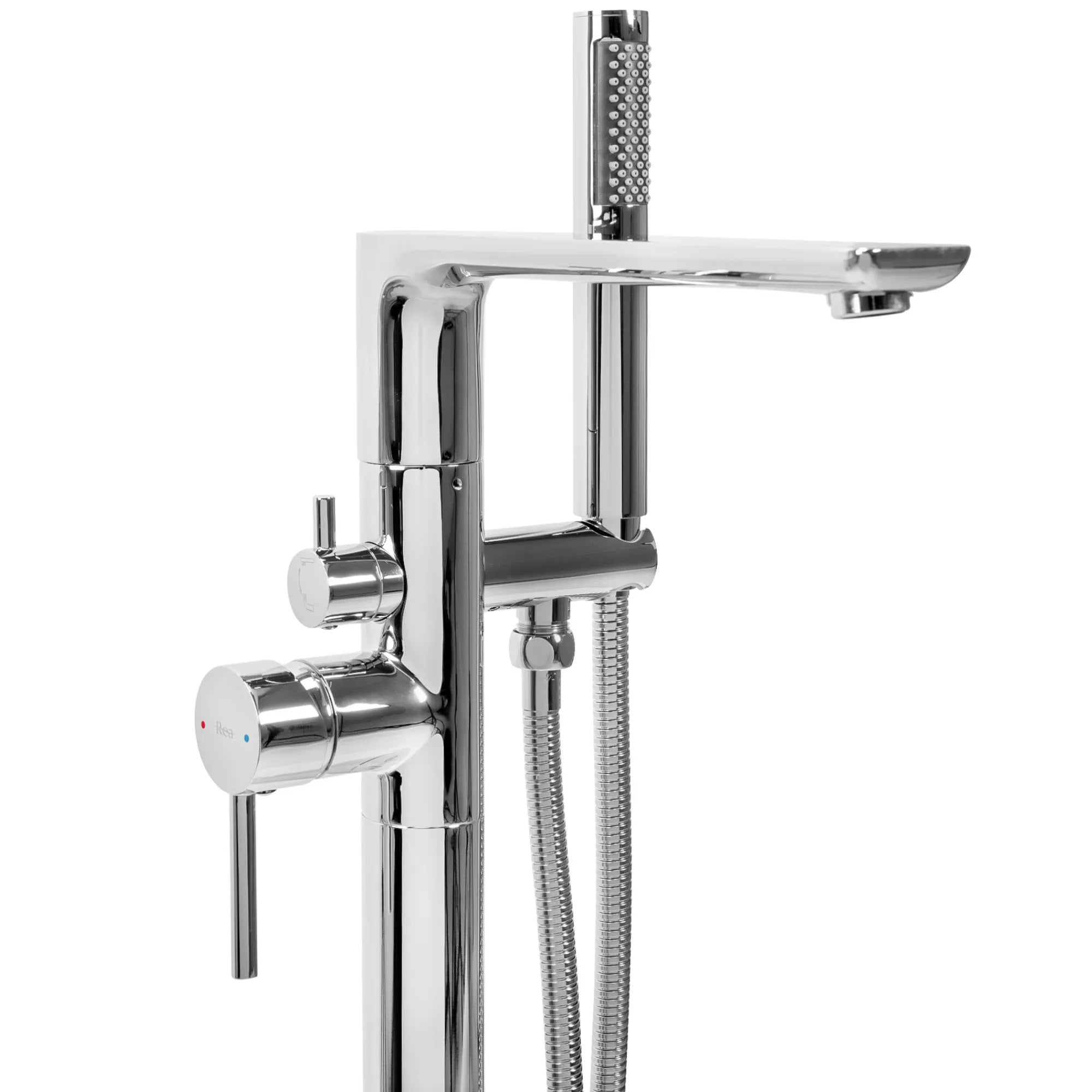 Свободностоящ смесител за вана REA Flores Chrome - хром, смесител от пода с ръчен душ и шлаух, онлайн магазин KERANOVA