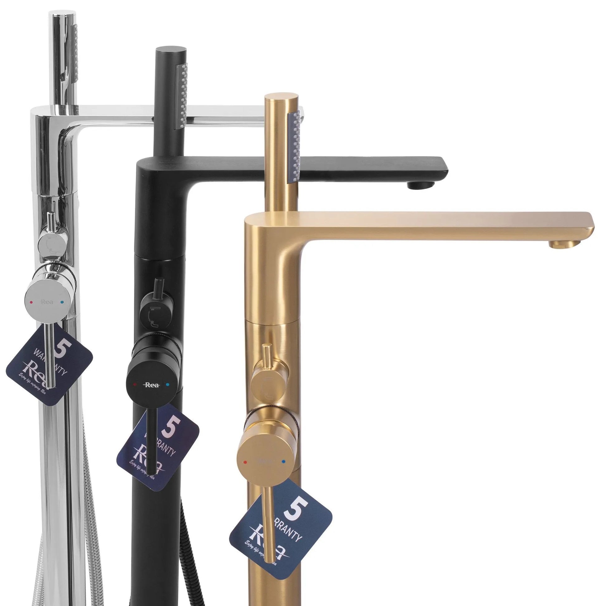 Свободностоящ смесител за вана REA Flores Gold Brush – златен мат стоящ смесител с ръчен душ, 99 см, онлайн магазин KERANOVA