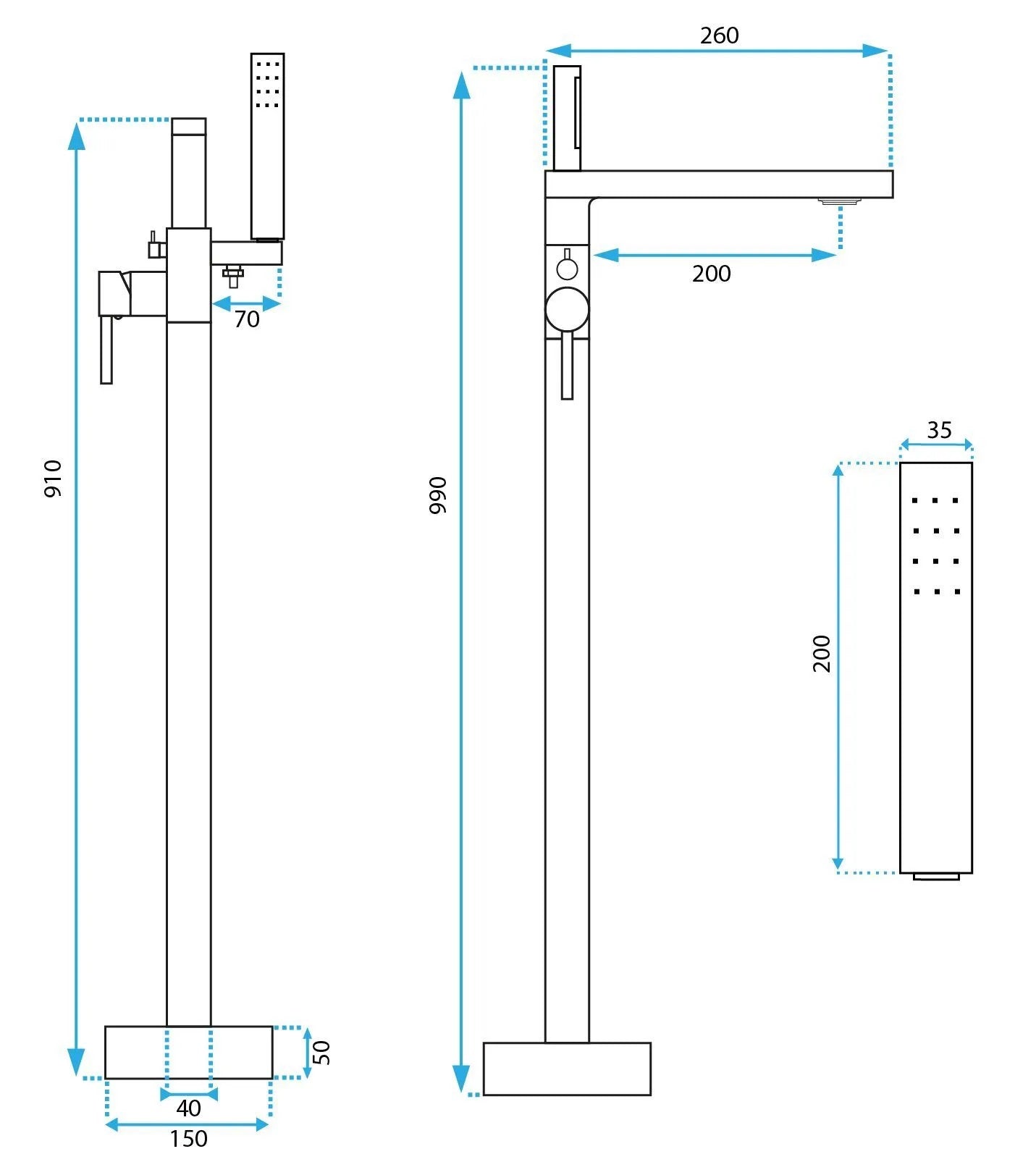 Свободностоящ смесител за вана REA Flores Chrome – технически размери и схема, височина 990 мм, ръчен душ 200 мм, онлайн магазин KERANOVA