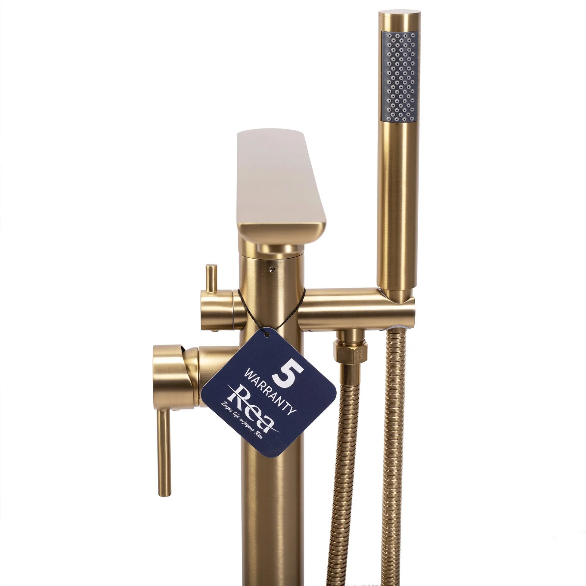 Свободностоящ смесител за вана REA Flores Gold Brush златен мат с ръчен душ и маркуч - онлайн магазин KERANOVA