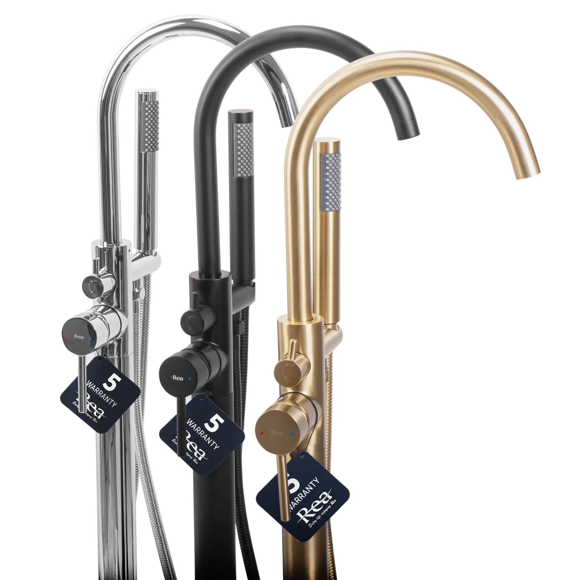 Свободностоящ смесител за вана REA Mono Black – черен мат стоящ смесител с ръчен душ, шлаух 150 см, онлайн магазин за обзавеждане за бани KERANOVA