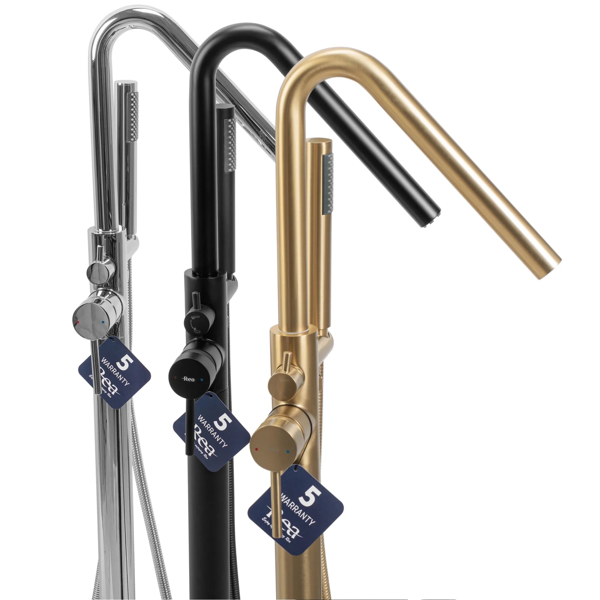 Свободностоящ смесител за вана REA Aras Chrome – стоящ ванен смесител хром черен и златист, ръчен душ, онлайн магазин KERANOVA