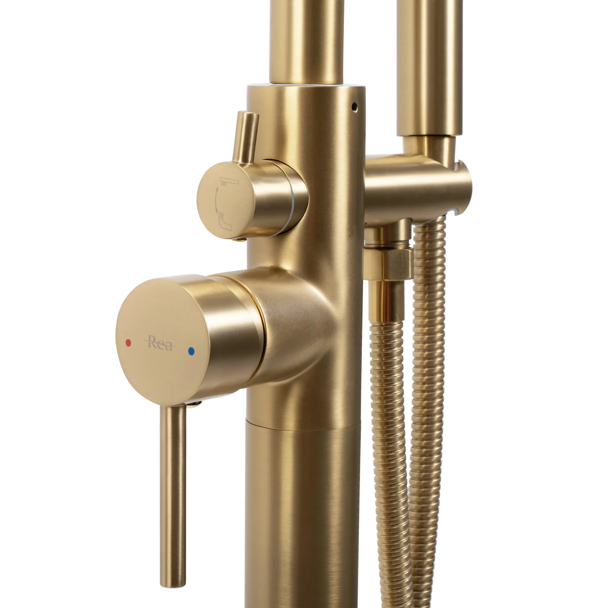 Свободностоящ смесител за вана REA Aras Gold Brush – златист мат стоящ смесител с двупътен превключвател и ръчен душ за баня KERANOVA