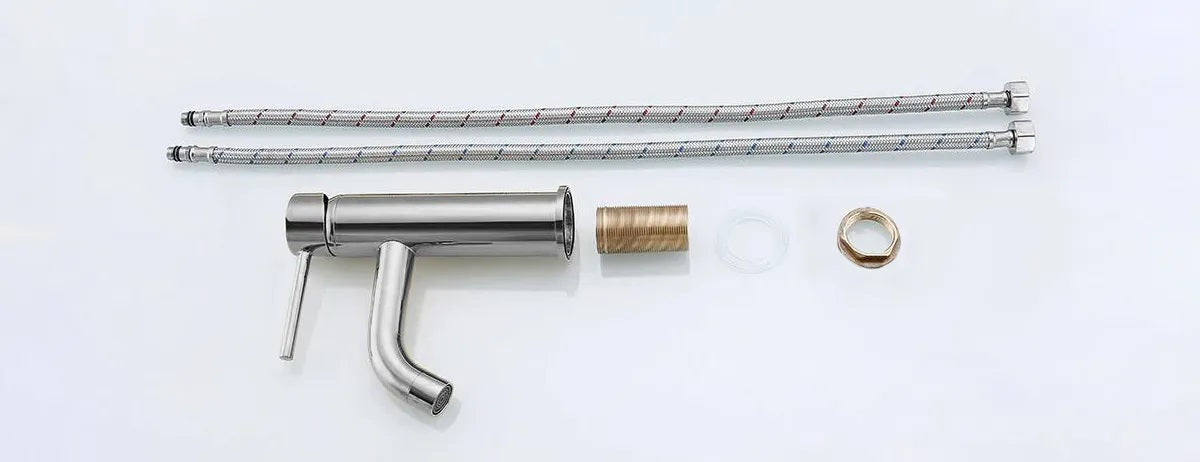 Смесител за мивка Lungo Chrome – хромен смесител с чучур 10 см, без изпразнител, монтажни тръби и аксесоари, онлайн магазин KERANOVA