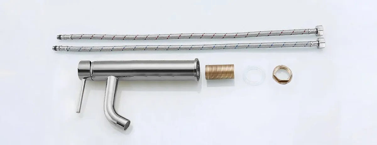 Висок смесител Lungo Chrome High хромен за мивка купа, комплект с гъвкави връзки, съвременен квадратен дизайн - KERANOVA онлайн магазин