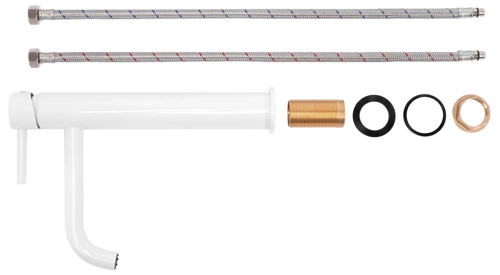 Висок смесител Lungo White High бял мат с аксесоари - керамичен механизъм, без изпразнител, онлайн магазин KERANOVA