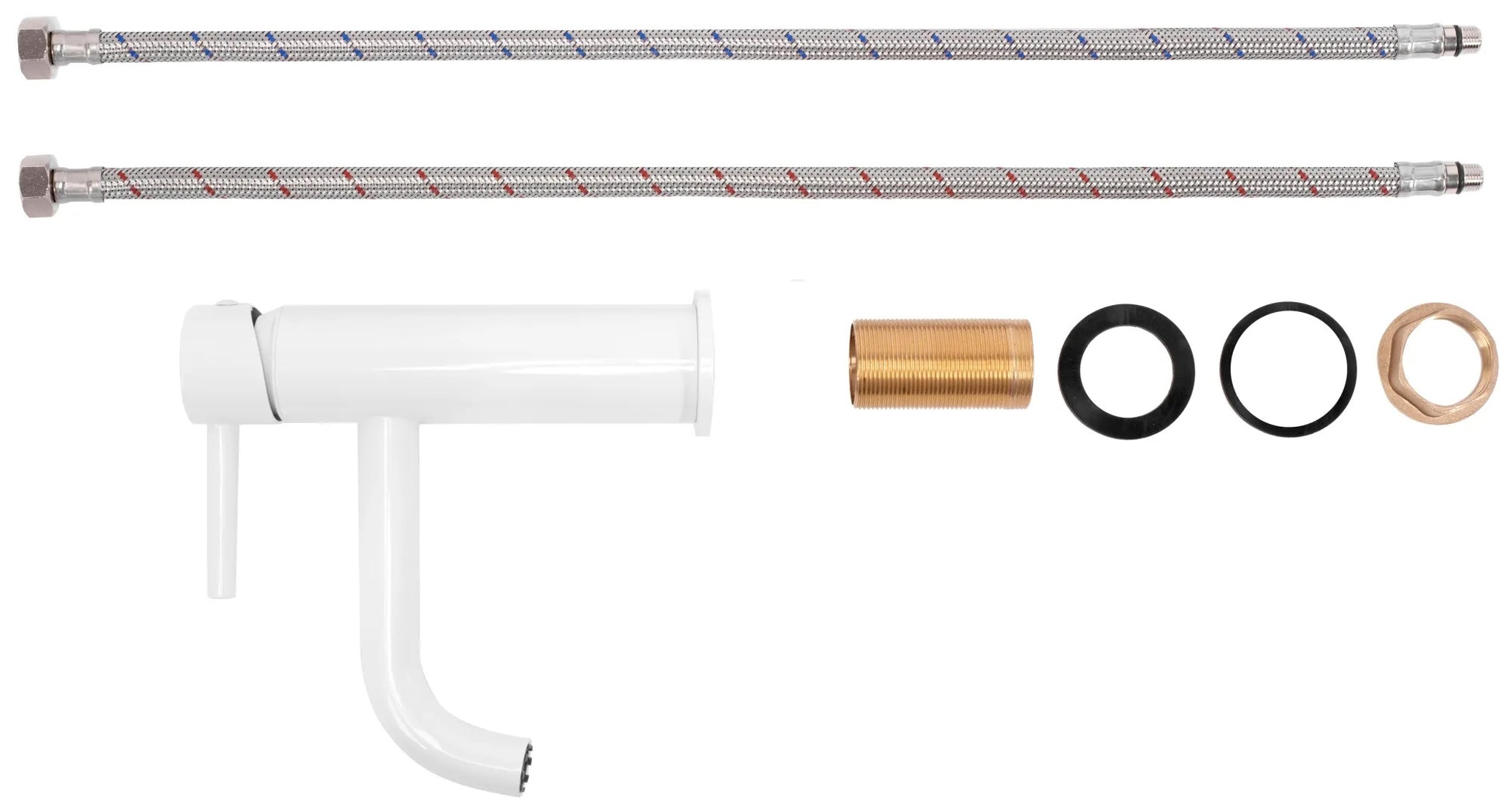 Смесител Lungo White бял мат комплект монтажни маркучи и уплътнения за мивка онлайн магазин KERANOVA