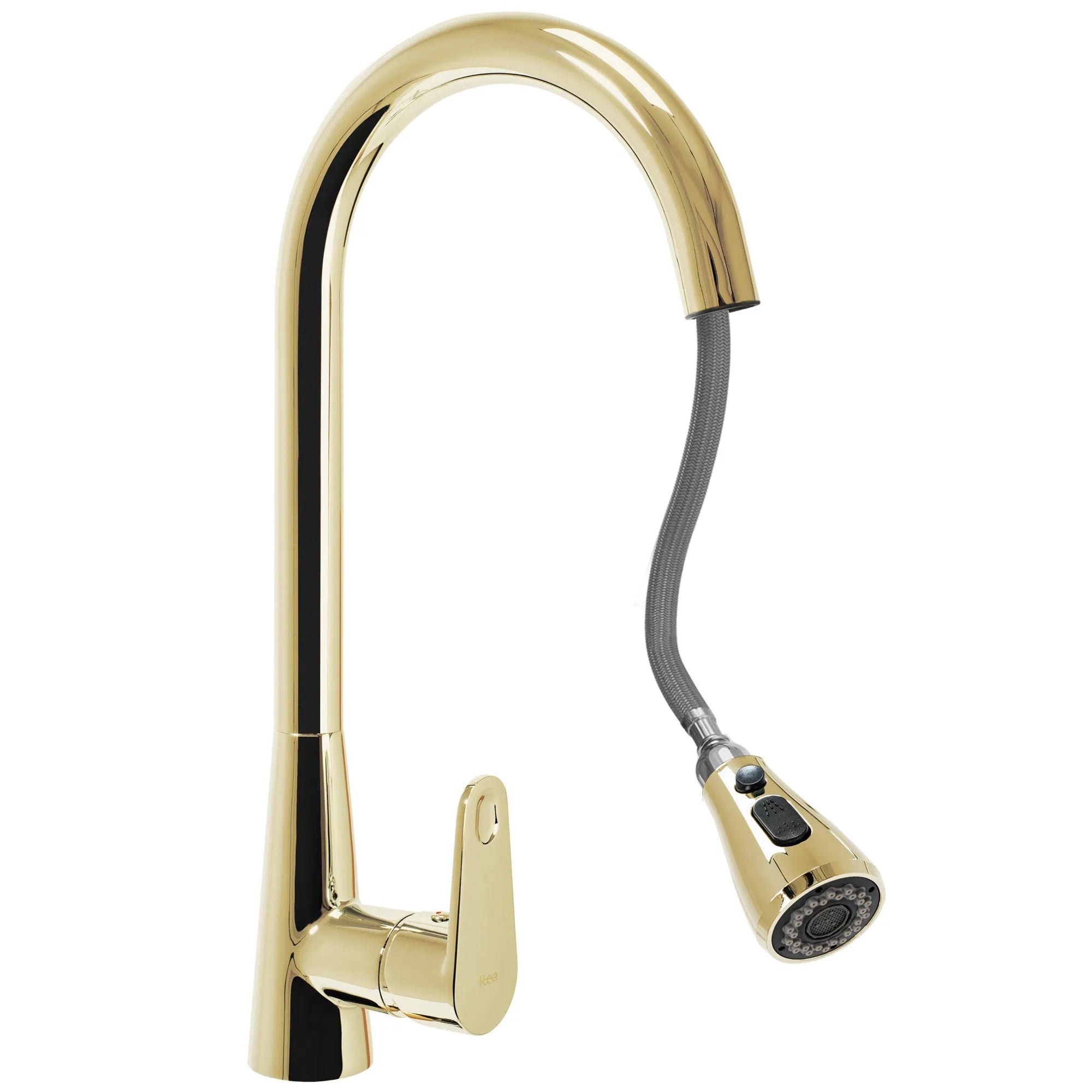 Кухненски смесител Mild Gold - едноръкохватков златист PVD с изтеглящ накрайник, две функции, керамичен механизъм, онлайн магазин KERANOVA