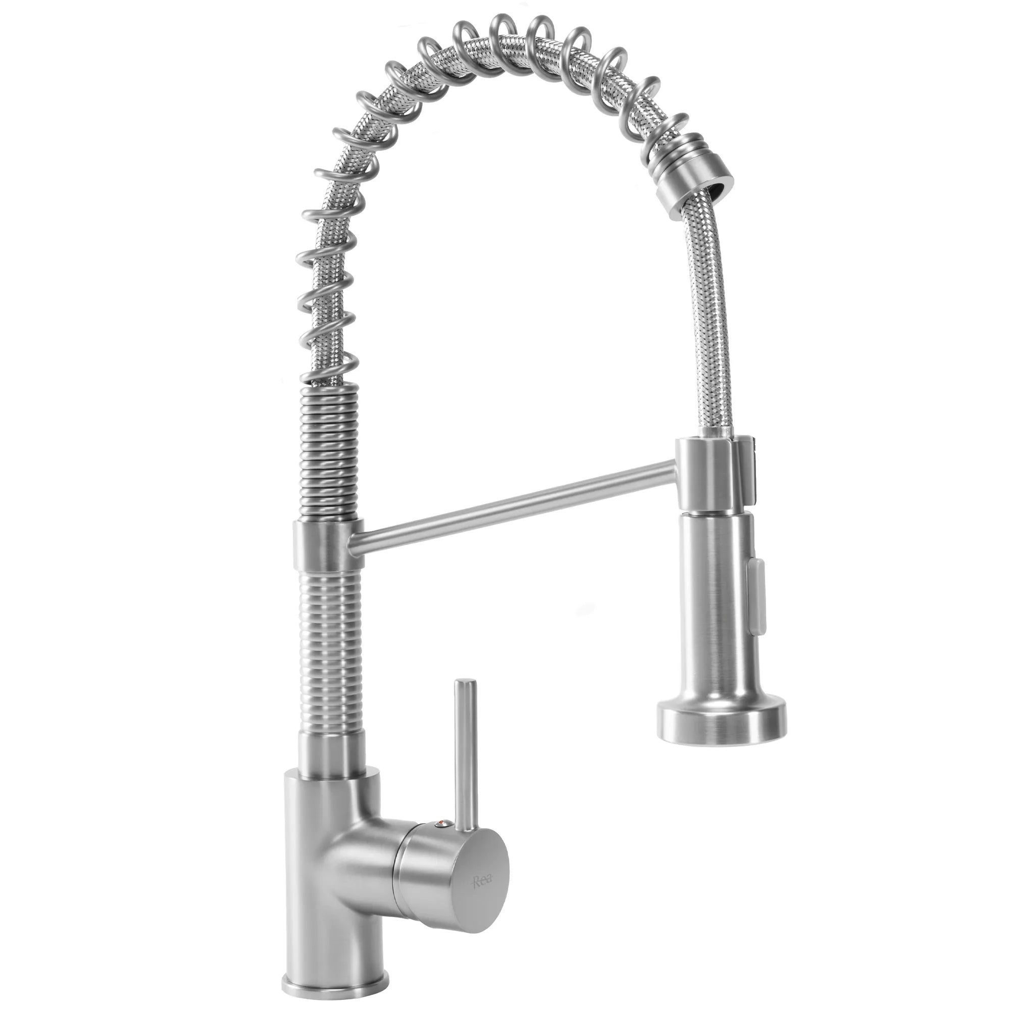 Кухненски смесител Spring Nickel Brush Inox - едноръкохватков смесител с гъвкав черен чучур, сатенирано PVD покритие, онлайн магазин KERANOVA
