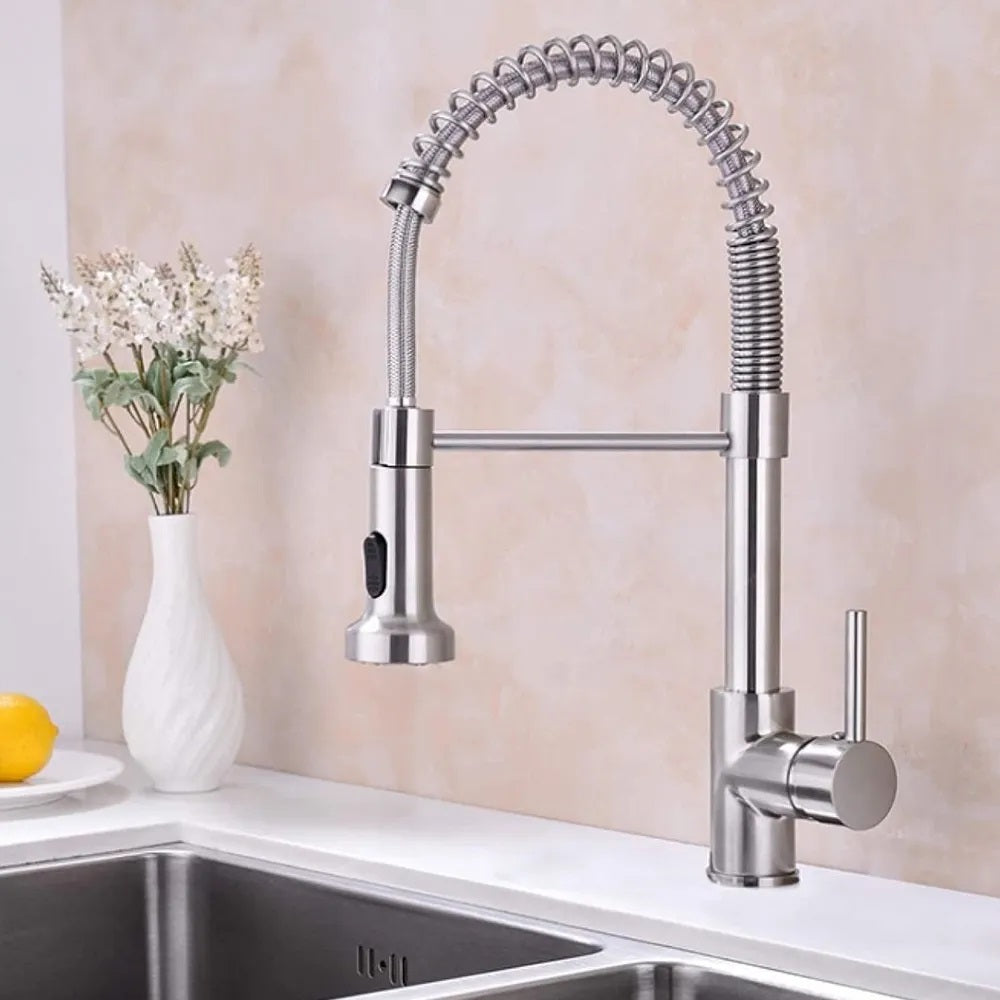 Кухненски смесител Spring Nickel Brush Inox - едноръкохватков смесител REA с изтеглящ черен чучур, сатен PVD, керамичен механизъм, онлайн магазин KERANOVA