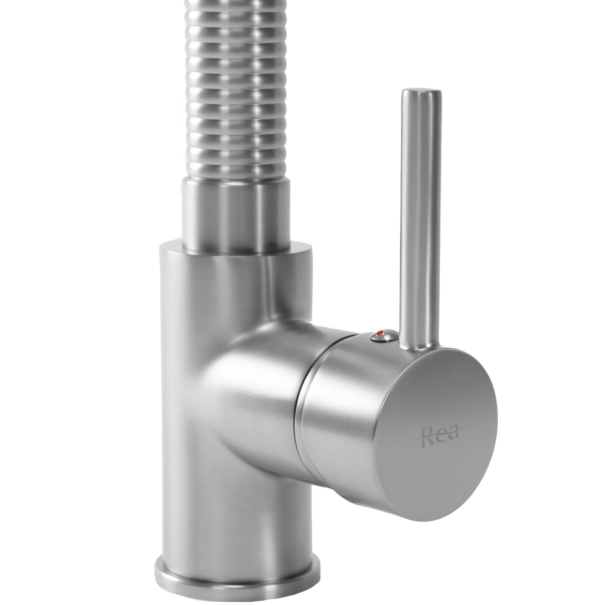 Кухненски смесител Spring Nickel Brush Inox - сатенен PVD едноръкохватков смесител за кухня с гъвкав черен чучур, аератор, 5 г. гаранция | KERANOVA