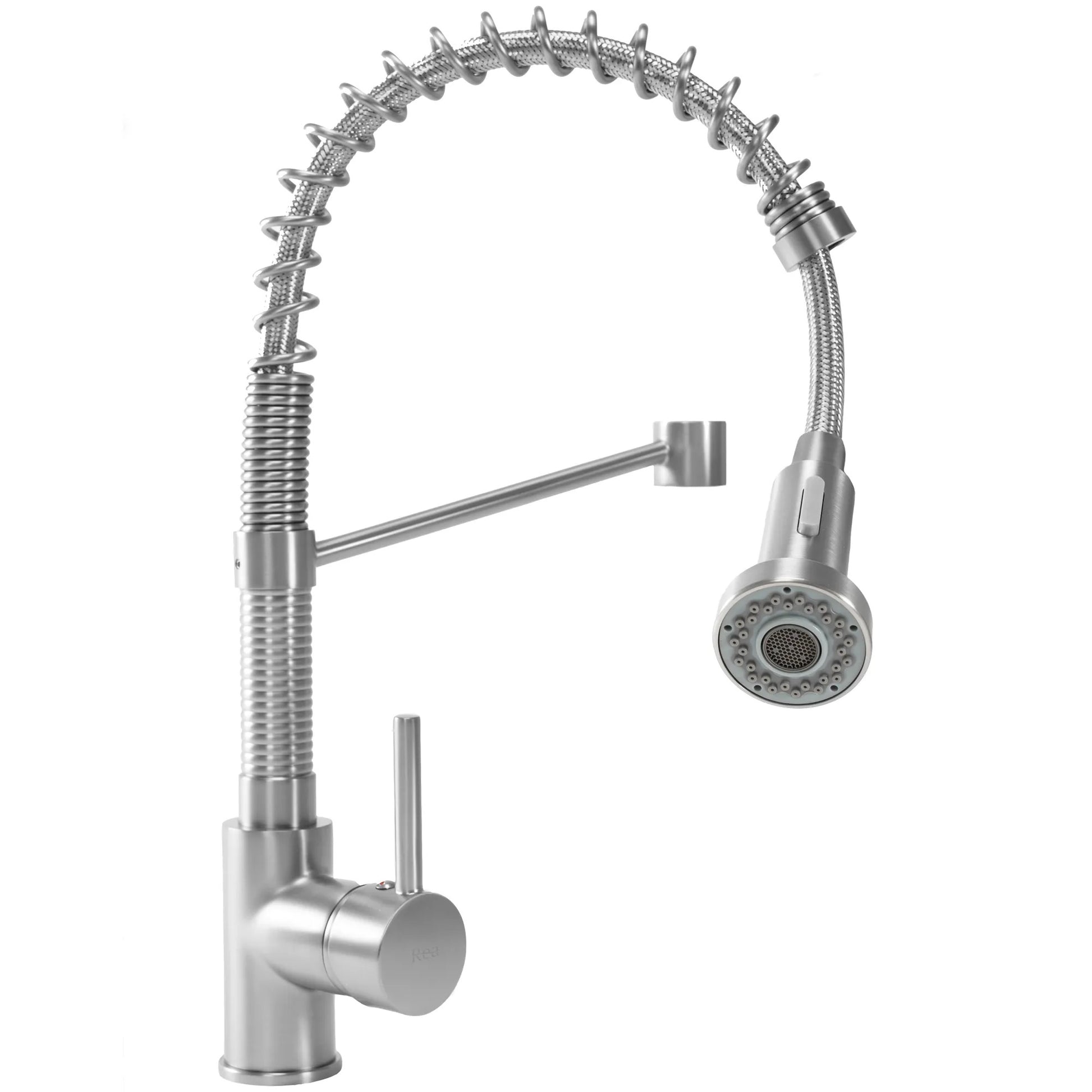 Кухненски смесител Spring Nickel Brush Inox - едноръкохватков смесител REA с гъвкав черен чучур, сатенирано PVD покритие, онлайн магазин KERANOVA