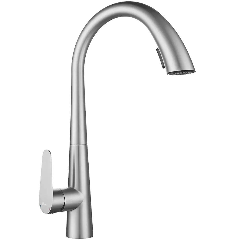 Кухненски смесител Ross Brush Nickel Inox - сатенен едноръкохватков смесител с изтеглящ накрайник, две функции, аератор, гаранция 5 години - KERANOVA