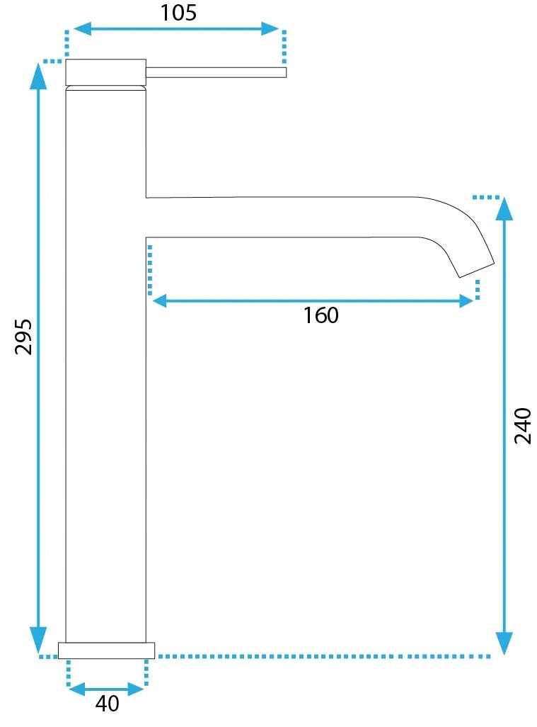 Висок смесител Rea Clif Gold Brush - матирано злато, технически чертеж с размери 295x240 мм и дължина чучур 160 мм за KERANOVA