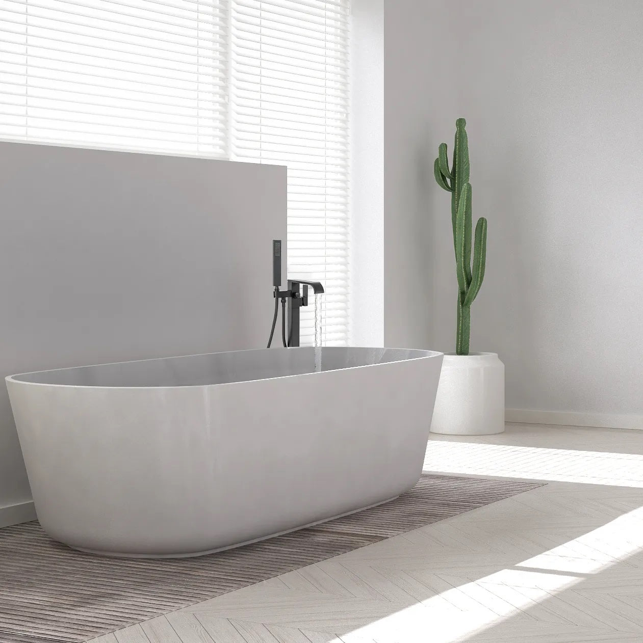 Свободностоящ смесител за вана REA Carat Black в модерна баня с матово черно покритие - KERANOVA онлайн магазин