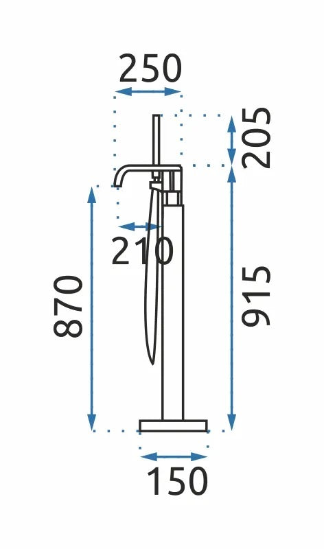 Свободностоящ смесител за вана REA Carat Gold Brush - технически чертеж с размери 250x150 мм, височина 915 мм, шлаух 150 см - KERANOVA