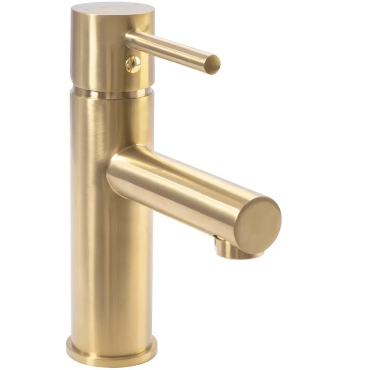 Смесител Tess Brushed Gold: златен мат карастанов, модерен дизайн за мивка, 11 см дължина на чучура.