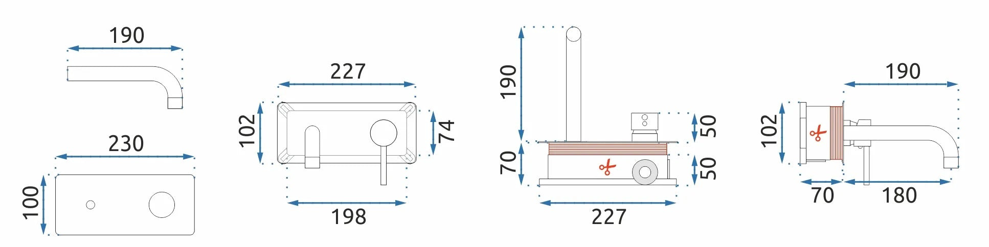 Viva Gold вграден стенен смесител за мивка Rea Viva Gold, златен, овален дизайн, чучур 19 см, технически размери