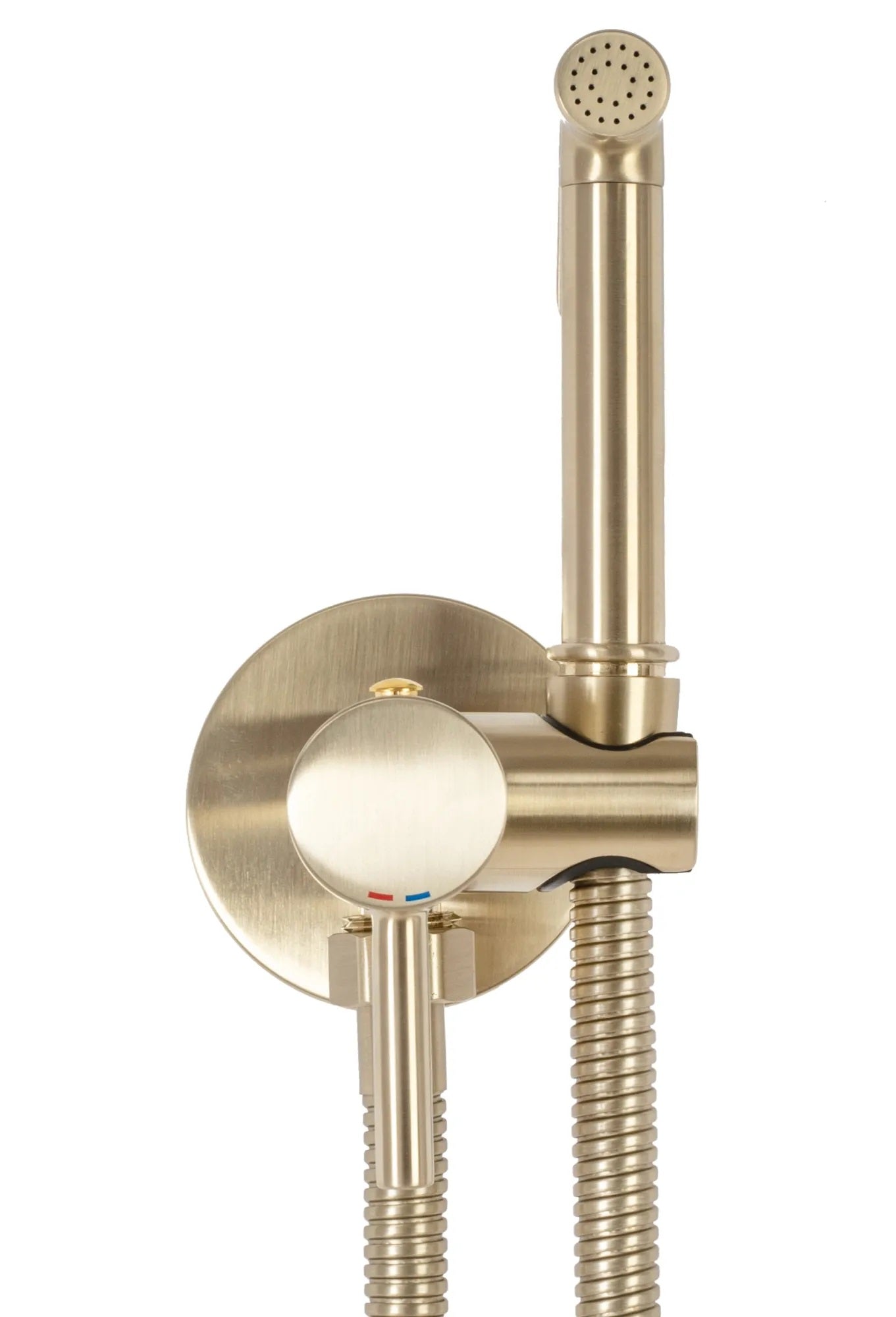 Смесител с хигиенен душ Lungo Loop Gold Brush - матирано злато, златен мат PVD хигиенен комплект за баня от KERANOVA