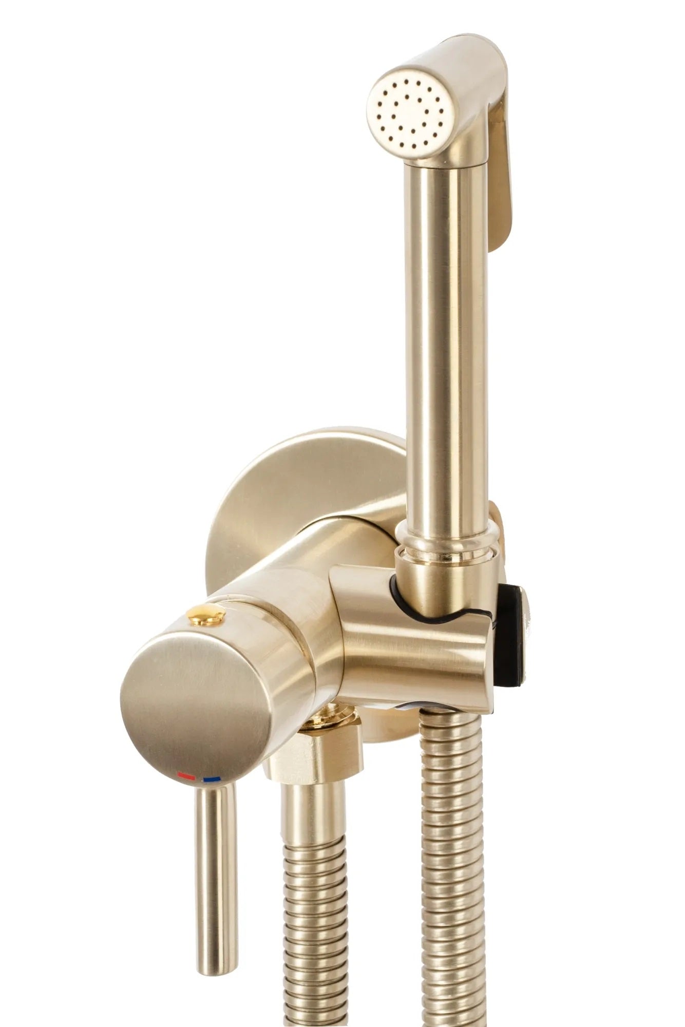 Смесител с хигиенен душ Lungo Loop Gold Brush - матирано злато, комплект с шлаух 120 см за баня от онлайн магазин KERANOVA