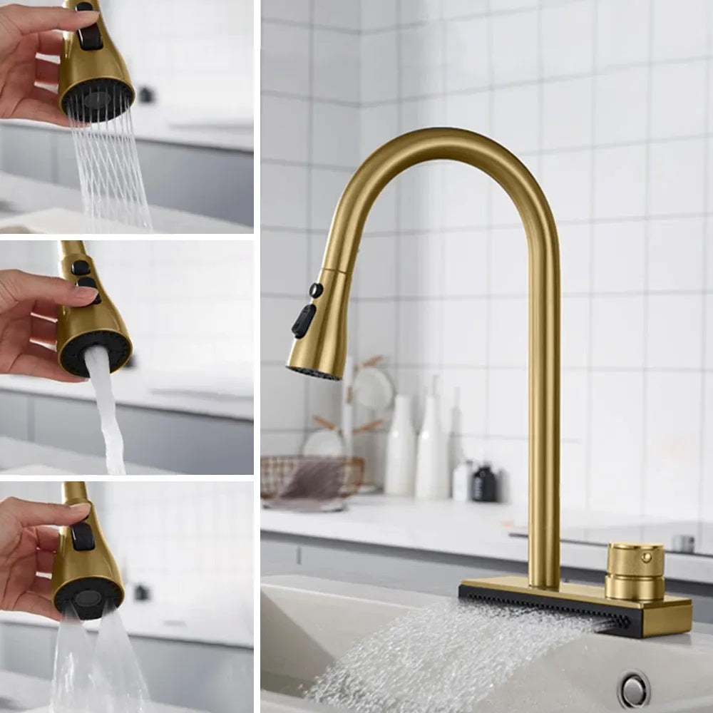 Кухненски смесител Conor Brush Gold – едноръкохватков PVD драскано злато, изтеглящ накрайник с 3 функции, онлайн магазин KERANOVA